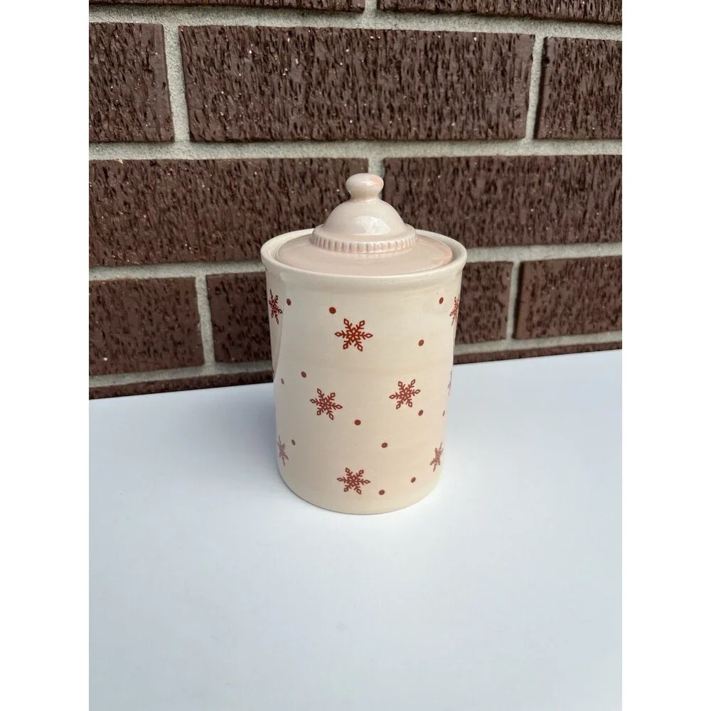 Vintage‎ Red Snowman & Snowflakes Beige Christmas Crock w/ Sealing Lid